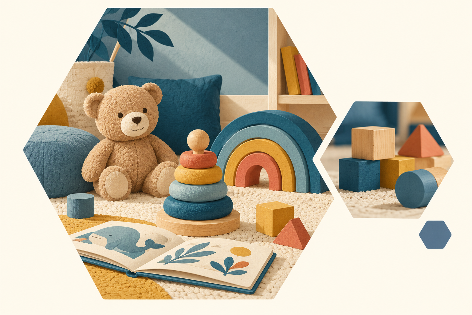 Illustration de jouets d’éveil et d’un ourson, dans des hexagones