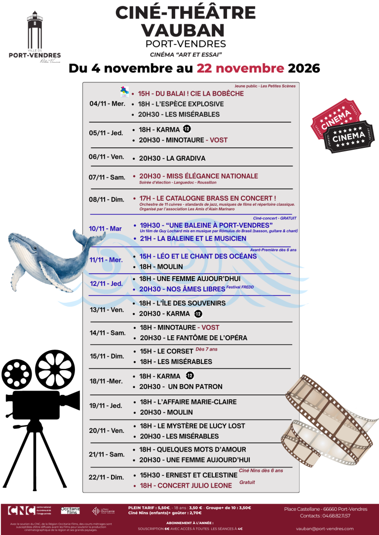 Affiche du programme du Ciné-Théâtre Vauban de Port-Vendres, du 4 au 22 novembre 2026