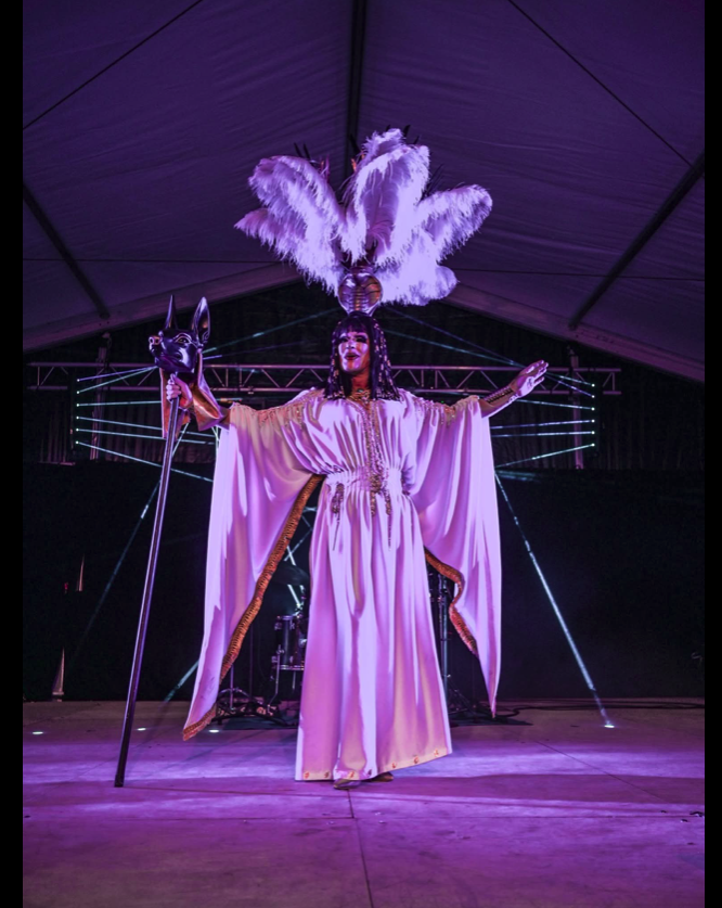 Artiste en costume spectaculaire sur une scène illuminée
