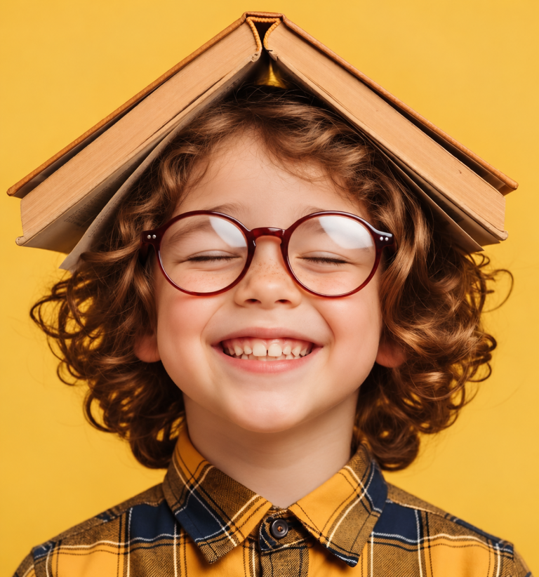Illustration : enfant lunettes et livre ouvert sur la tête.