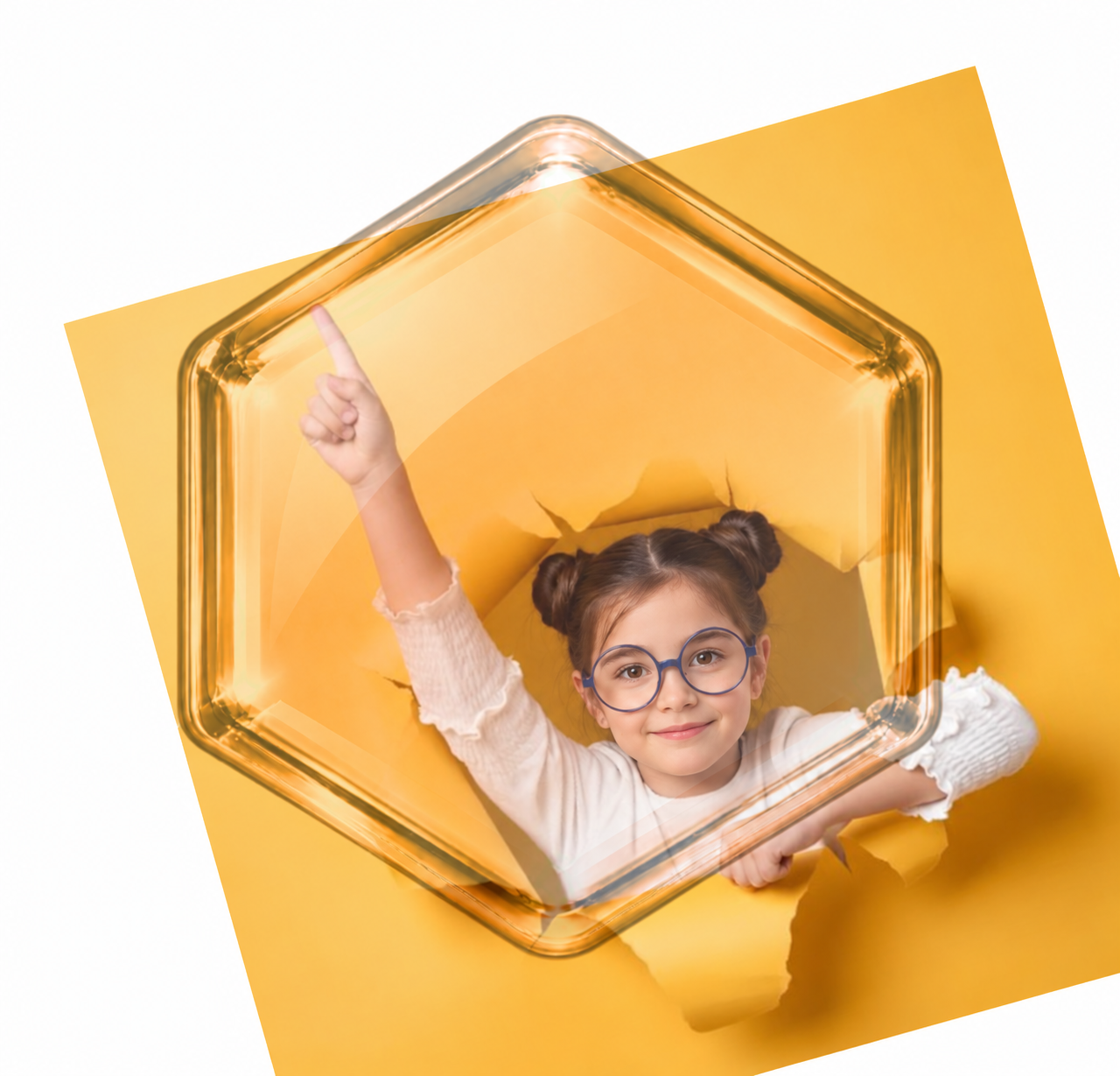 Illustration : fille à deux chignons et lunettes bleues, doigt levé dans du papier jaune.