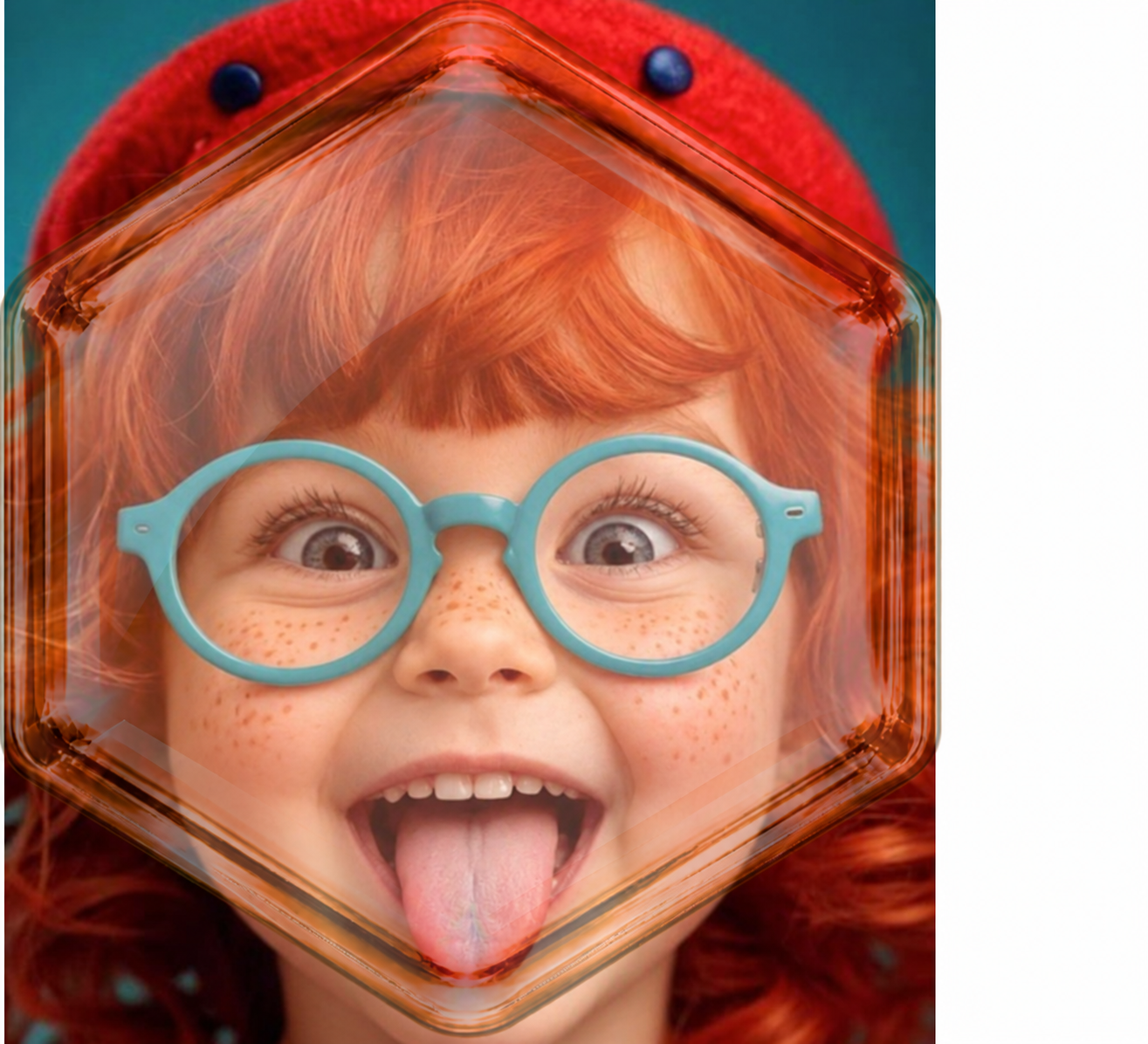Illustration : fille rousse, lunettes turquoise et béret rouge.
