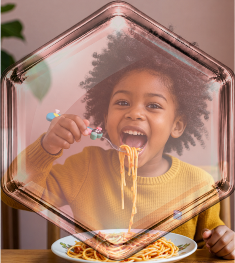 Illustration : enfant mangeant des pâtes.
